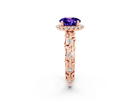 Rose gold Round Cut Halo Diamond Solitaire with Filigree Band and Four-Prong Setting_2