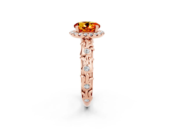 Rose gold Round Cut Citrine Halo Ring with Filigree Band and Prong Setting