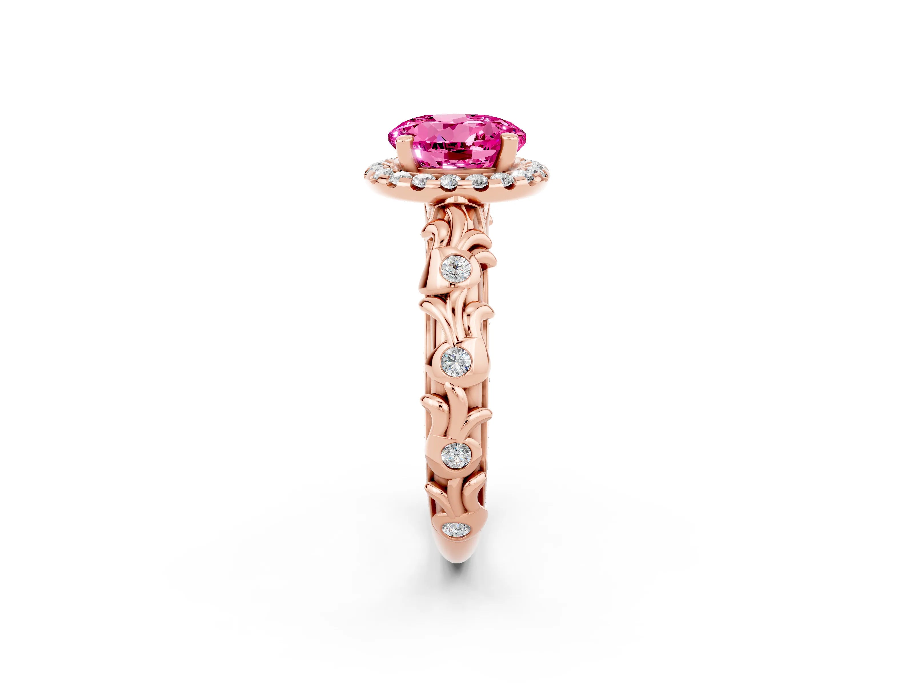 Rose gold Round Cut Halo Diamond Solitaire with Filigree Band and Four-Prong Setting_2