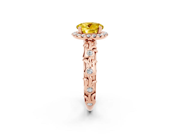 Rose gold Round Cut Yellow Sapphire Halo Ring with Filigree Band and Prong Setting