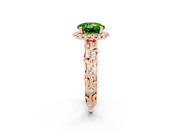 Rose gold Round Cut Peridot Halo Ring with Filigree Band and Prong Setting