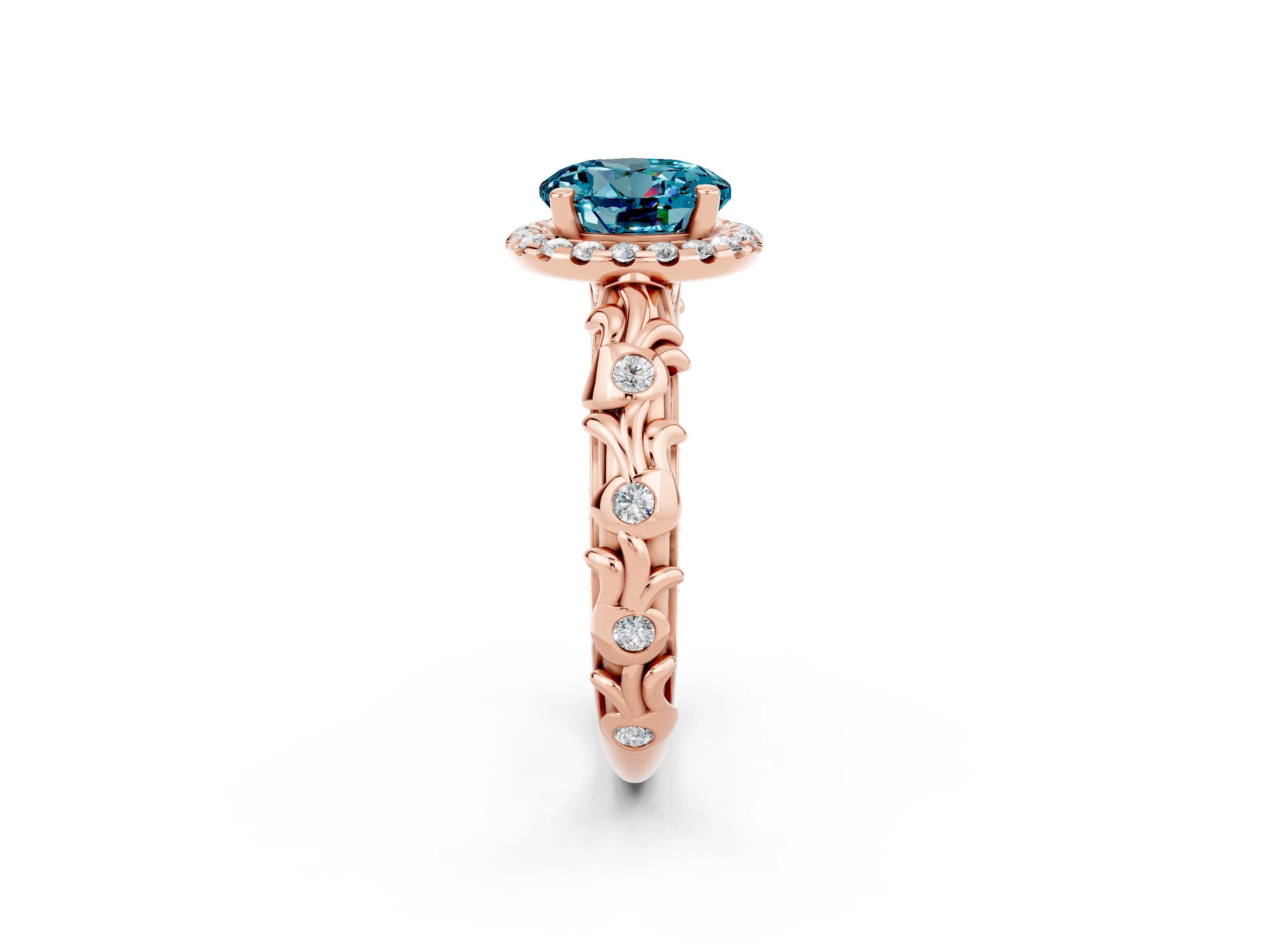 Rose gold Round Cut Halo Diamond Solitaire with Filigree Band and Four-Prong Setting_2