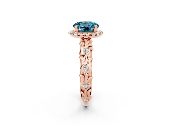Rose gold Round Cut Halo Diamond Solitaire with Filigree Band and Four-Prong Setting