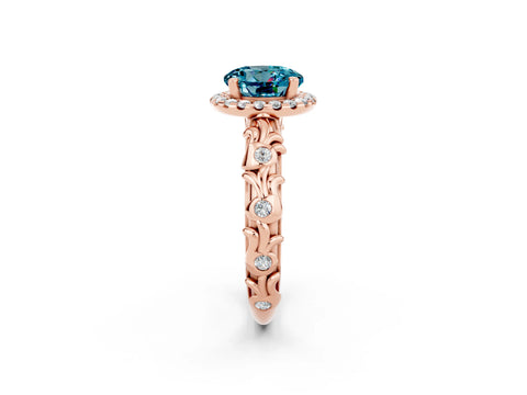 Rose gold Round Cut Halo Diamond Solitaire with Filigree Band and Four-Prong Setting_2