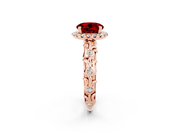 Rose gold Round Cut Ruby Halo Ring with Filigree Band and Prong Setting