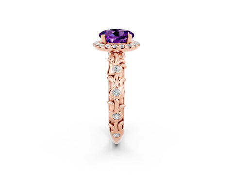 Rose gold Round Cut Halo Diamond Solitaire with Filigree Band and Four-Prong Setting_2
