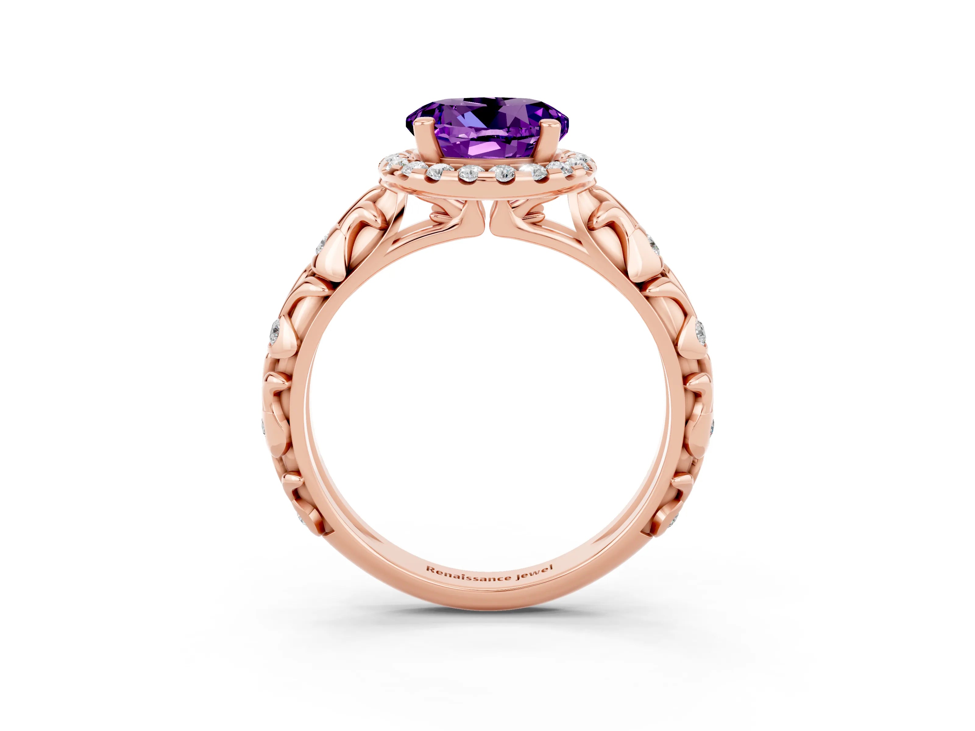 Rose gold Round Cut Halo Diamond Solitaire with Filigree Band and Four-Prong Setting_3