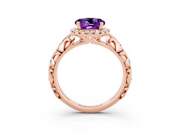 Rose gold Round Cut Amethyst Halo Ring with Filigree Band and Prong Setting