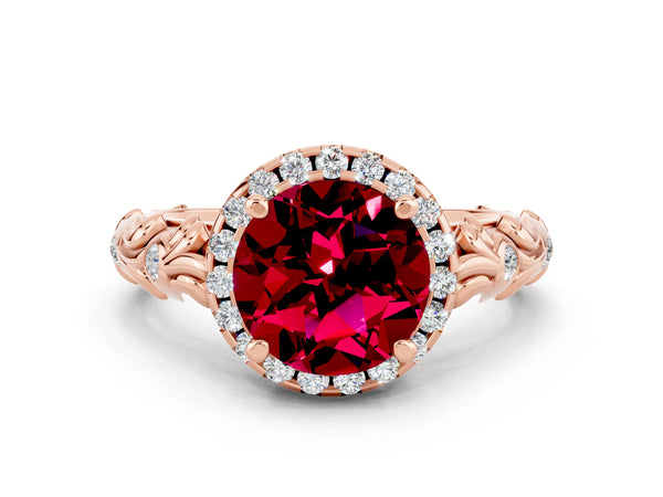 Rose gold Round Cut Garnet Halo Ring with Filigree Band and Prong Setting