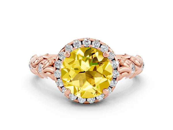 Rose gold Round Cut Yellow Sapphire Halo Ring with Filigree Band and Prong Setting