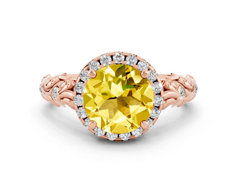 Rose gold Round Cut Halo Diamond Solitaire with Filigree Band and Four-Prong Setting