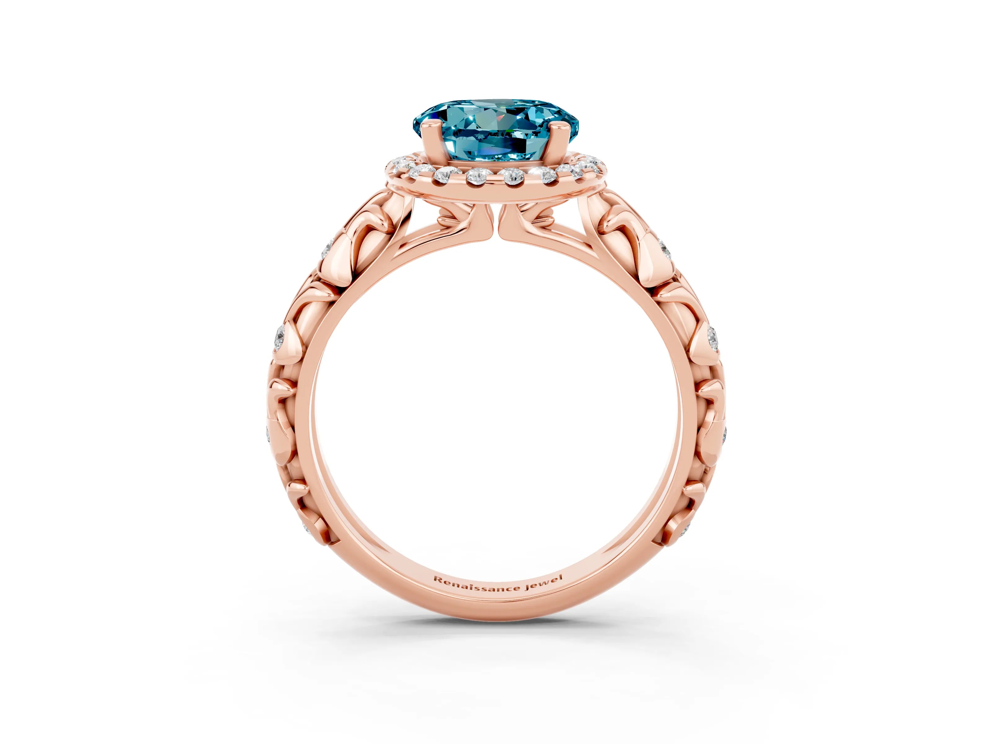 Rose gold Round Cut Halo Diamond Solitaire with Filigree Band and Four-Prong Setting_3