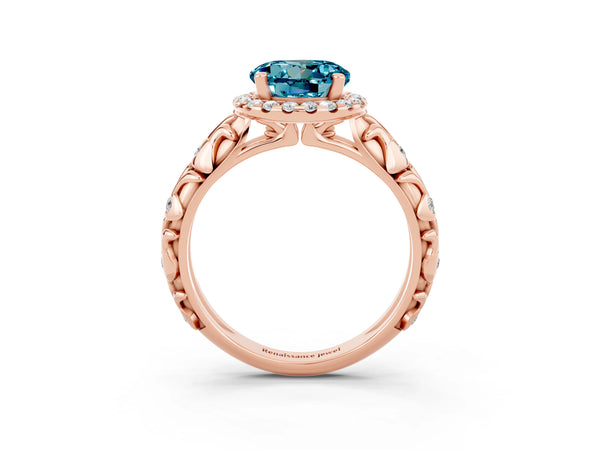 Rose gold Round Cut Halo Diamond Solitaire with Filigree Band and Four-Prong Setting
