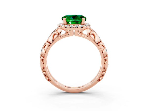 Rose gold Round Cut Emerald Halo Ring with Filigree Band and Prong Setting
