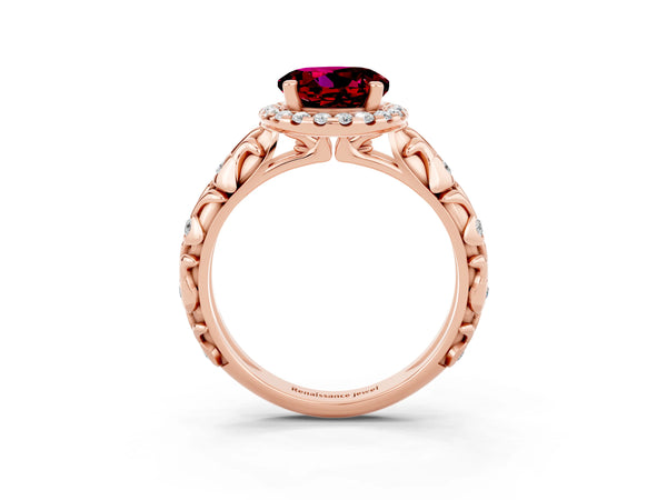 Rose gold Round Cut Garnet Halo Ring with Filigree Band and Prong Setting