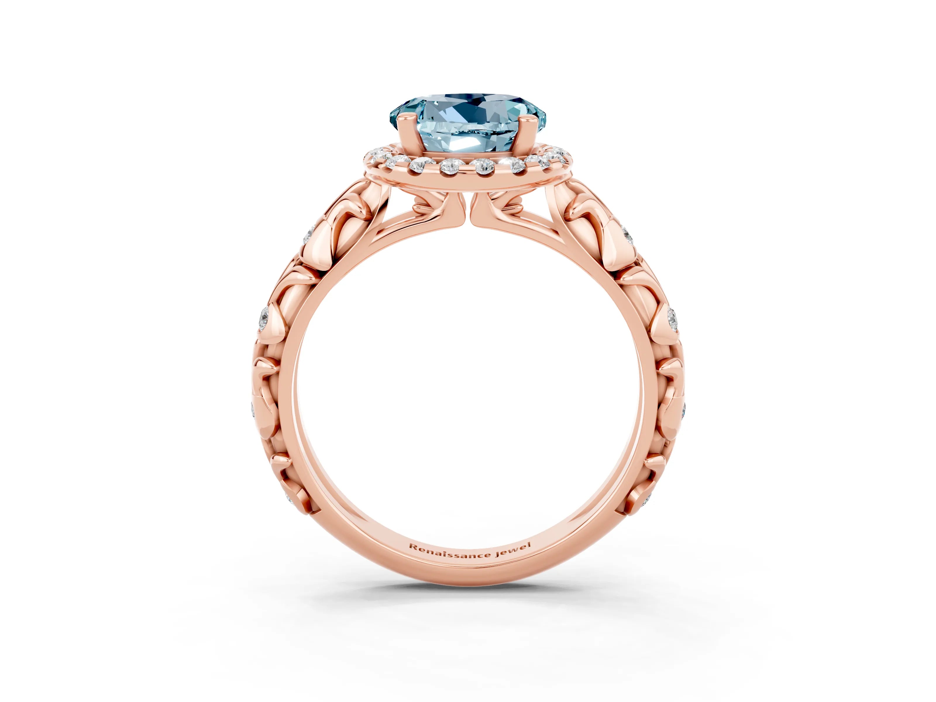 Rose gold Round Cut Halo Diamond Solitaire with Filigree Band and Four-Prong Setting_3