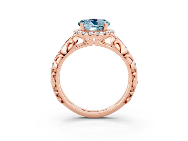 Rose gold Round Cut Aquamarine Halo Ring with Filigree Band and Prong Setting
