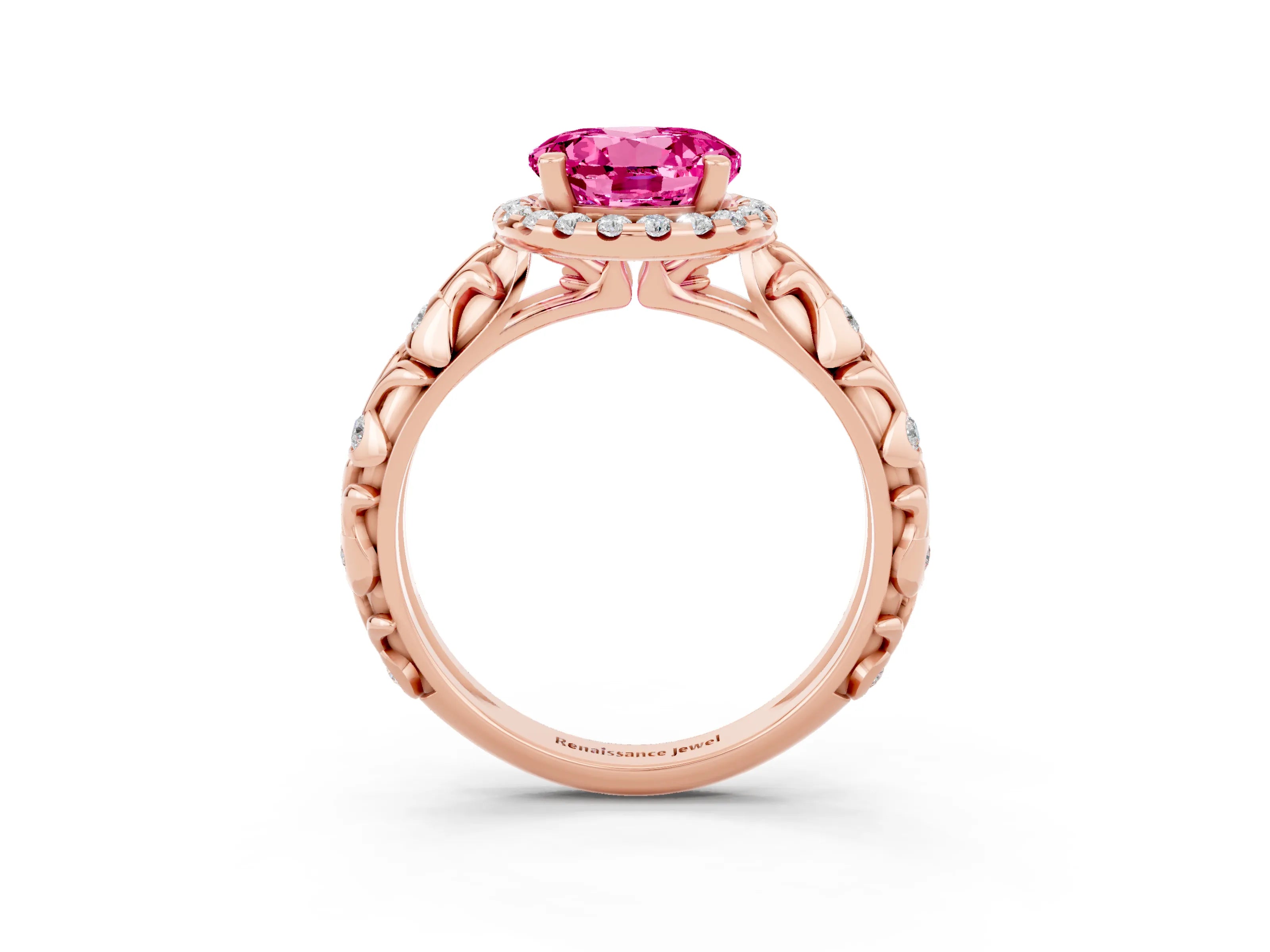Rose gold Round Cut Halo Diamond Solitaire with Filigree Band and Four-Prong Setting_3