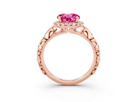 Rose gold Round Cut Halo Diamond Solitaire with Filigree Band and Four-Prong Setting_3