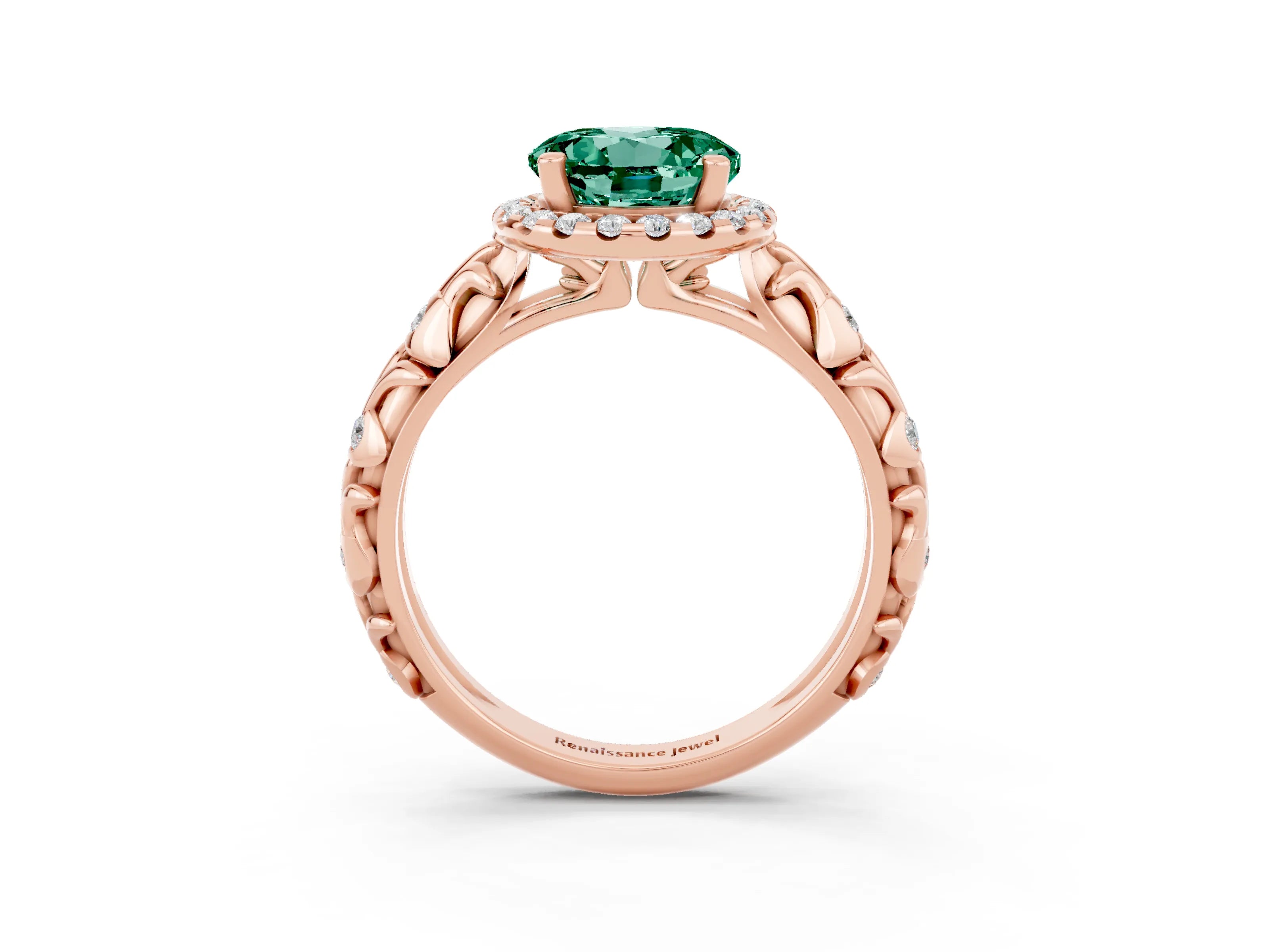 Rose gold Round Cut Halo Diamond Solitaire with Filigree Band and Four-Prong Setting_3