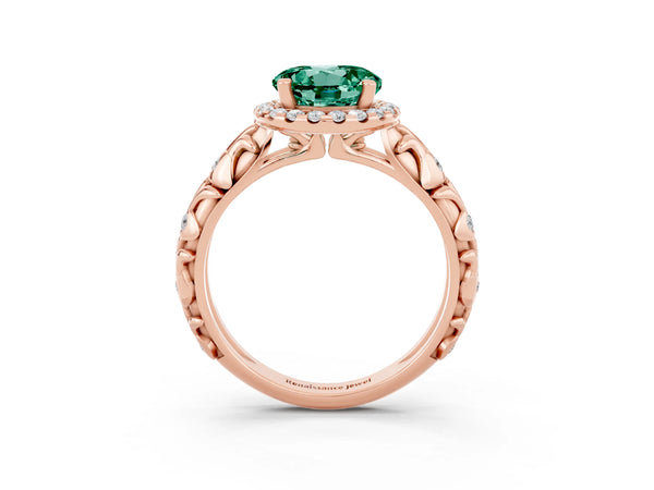 Rose gold Round Cut Green Sapphire Halo Ring with Filigree Band and Prong Setting