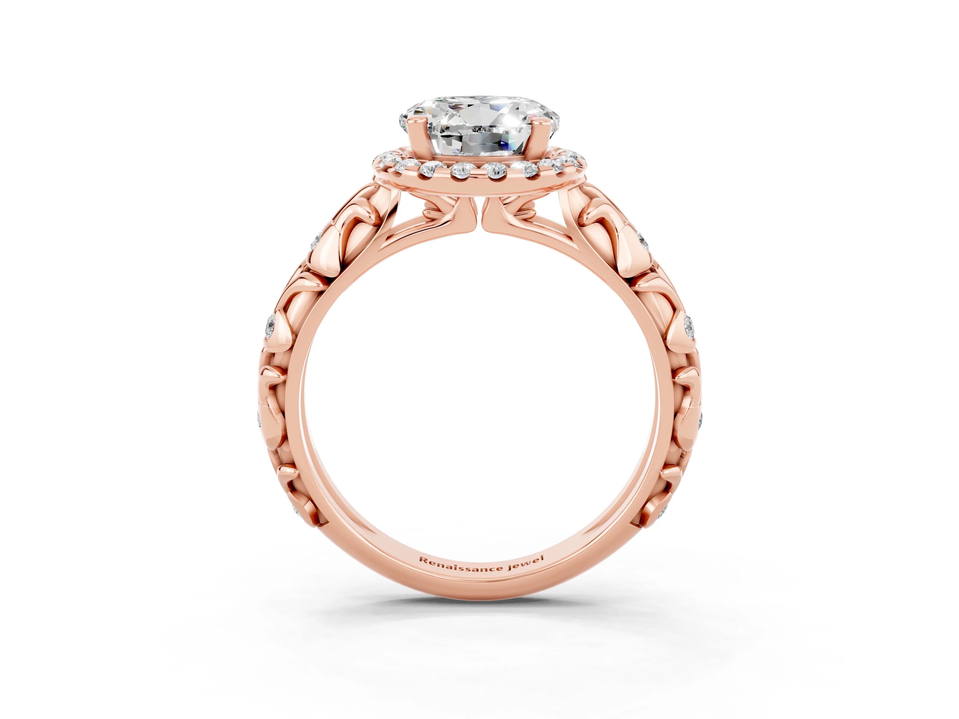 Rose gold Round Cut Halo Diamond Solitaire with Filigree Band and Four-Prong Setting_3