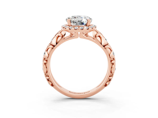 Rose gold Round Cut Moissanite Halo Ring with Filigree Band and Prong Setting