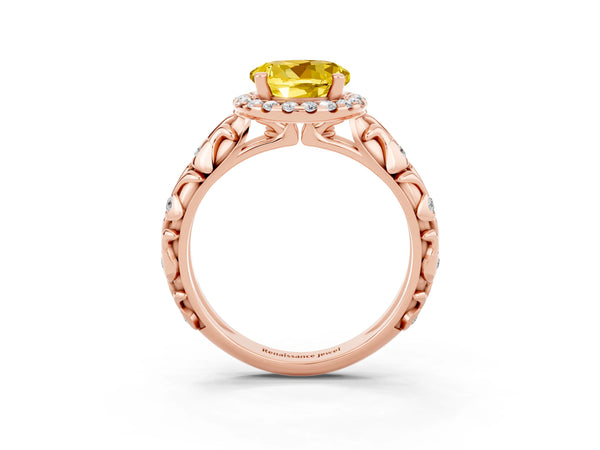 Rose gold Round Cut Yellow Sapphire Halo Ring with Filigree Band and Prong Setting
