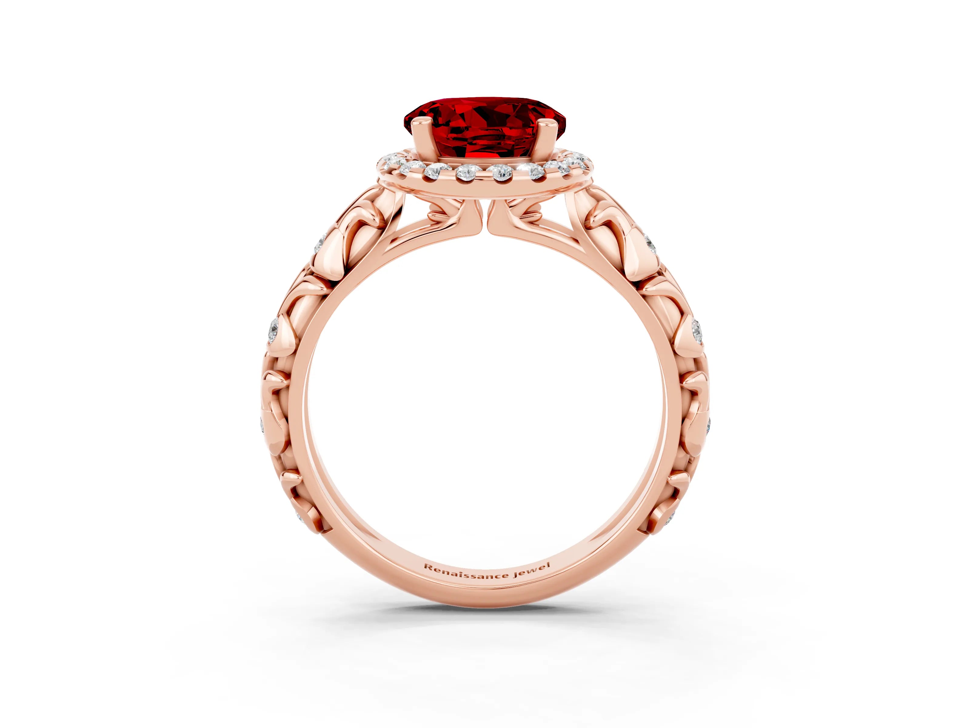 Rose gold Round Cut Halo Diamond Solitaire with Filigree Band and Four-Prong Setting_3