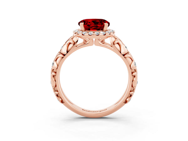 Rose gold Round Cut Ruby Halo Ring with Filigree Band and Prong Setting