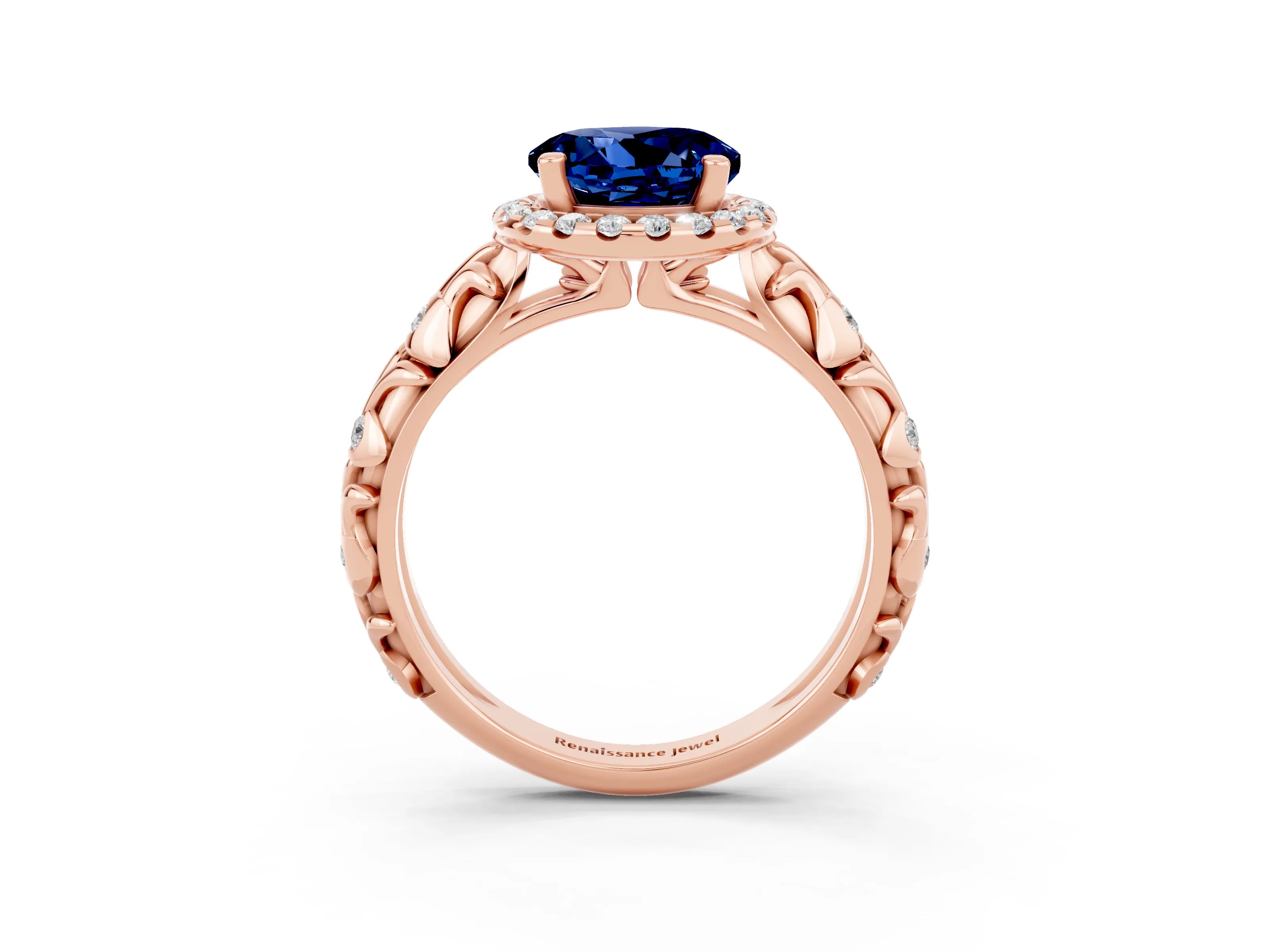 Rose gold Round Cut Halo Diamond Solitaire with Filigree Band and Four-Prong Setting_3