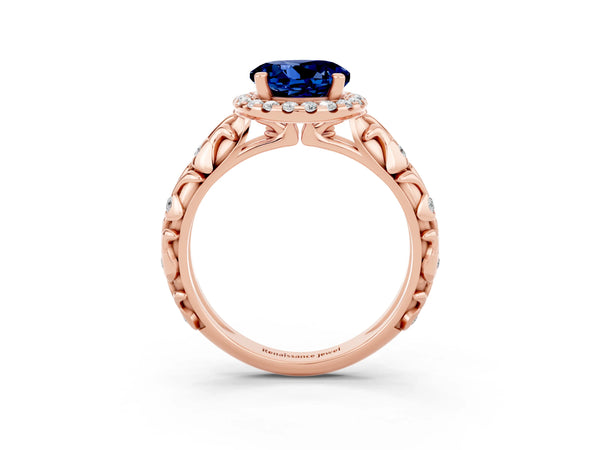 Rose gold Round Cut Blue Sapphire Halo Ring with Filigree Band and Prong Setting