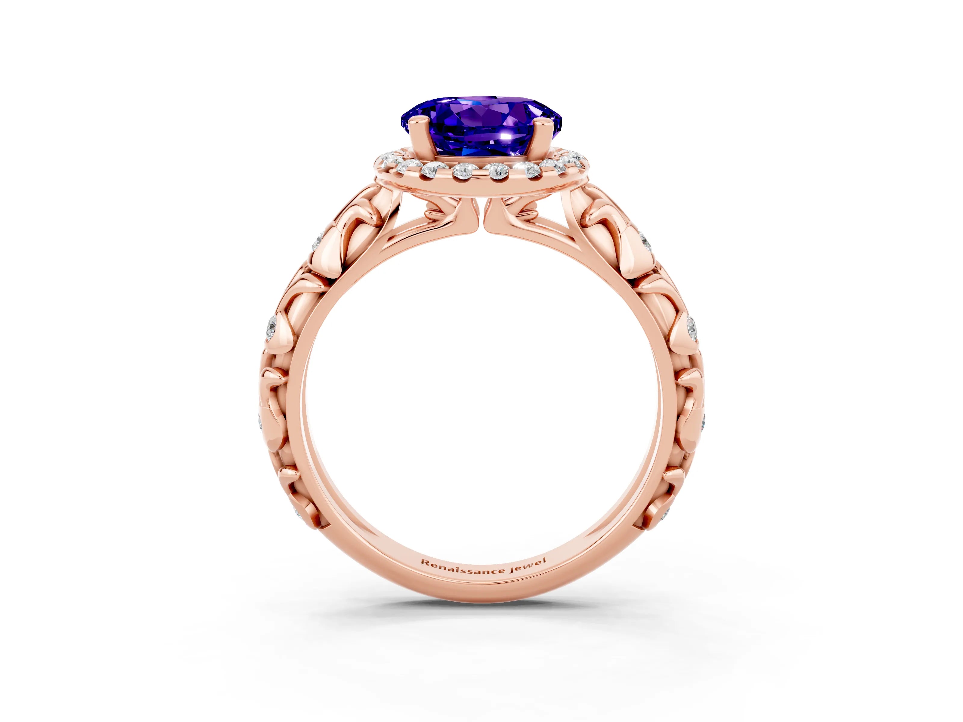 Rose gold Round Cut Halo Diamond Solitaire with Filigree Band and Four-Prong Setting_3