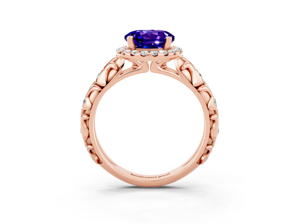 Rose gold Round Cut Tanzanite Halo Ring with Filigree Band and Prong Setting