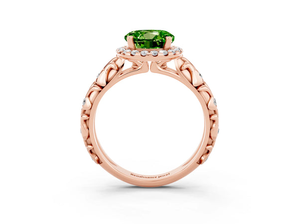 Rose gold Round Cut Peridot Halo Ring with Filigree Band and Prong Setting