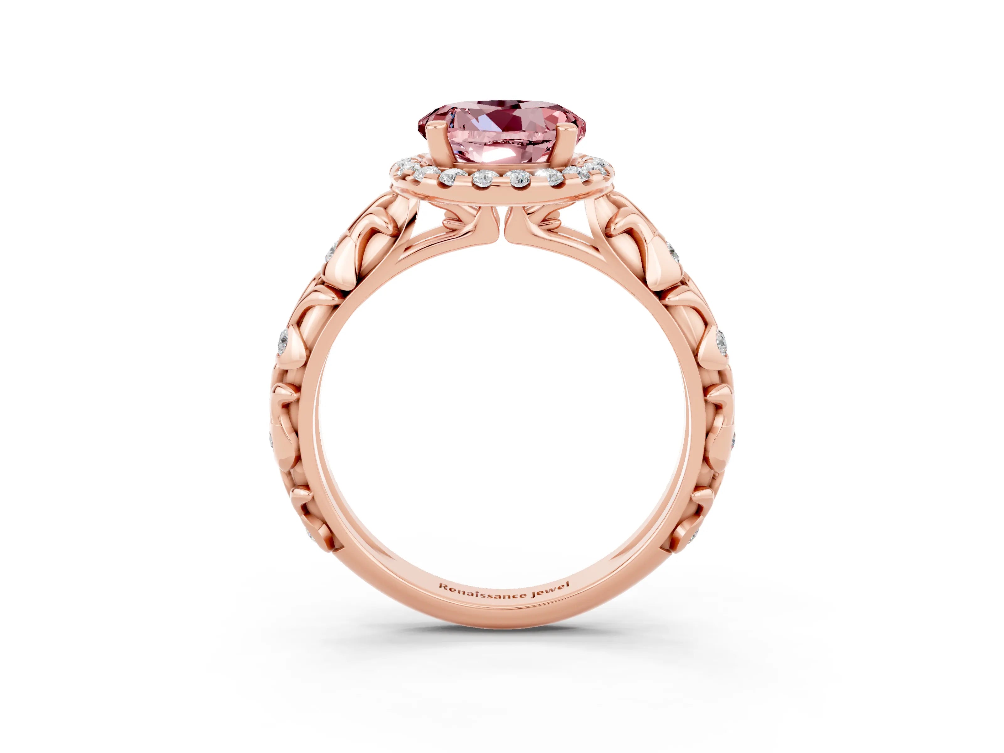 Rose gold Round Cut Halo Diamond Solitaire with Filigree Band and Four-Prong Setting_3