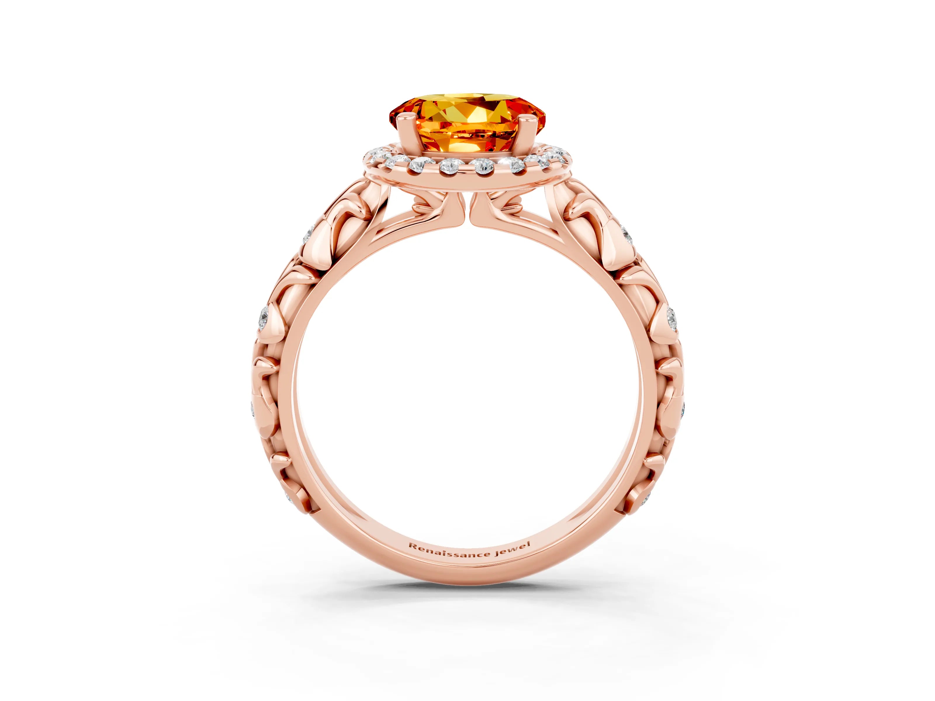 Rose gold Round Cut Halo Diamond Solitaire with Filigree Band and Four-Prong Setting_3