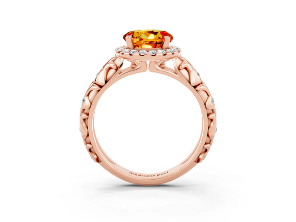 Rose gold Round Cut Citrine Halo Ring with Filigree Band and Prong Setting