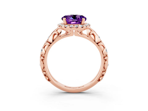Rose gold Round Cut Halo Diamond Solitaire with Filigree Band and Four-Prong Setting_3