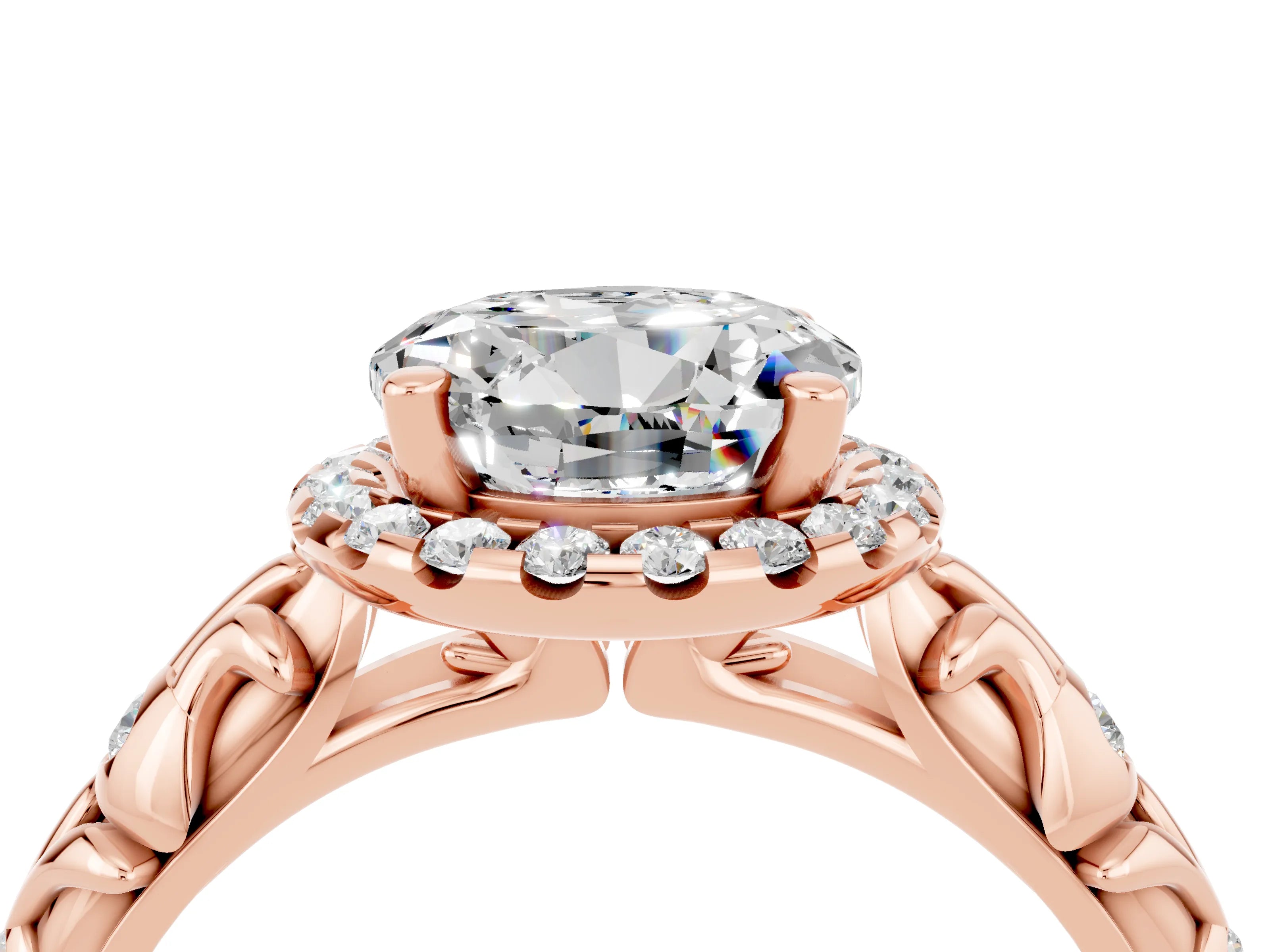 Rose gold Round Cut Halo Diamond Solitaire with Filigree Band and Four-Prong Setting_4
