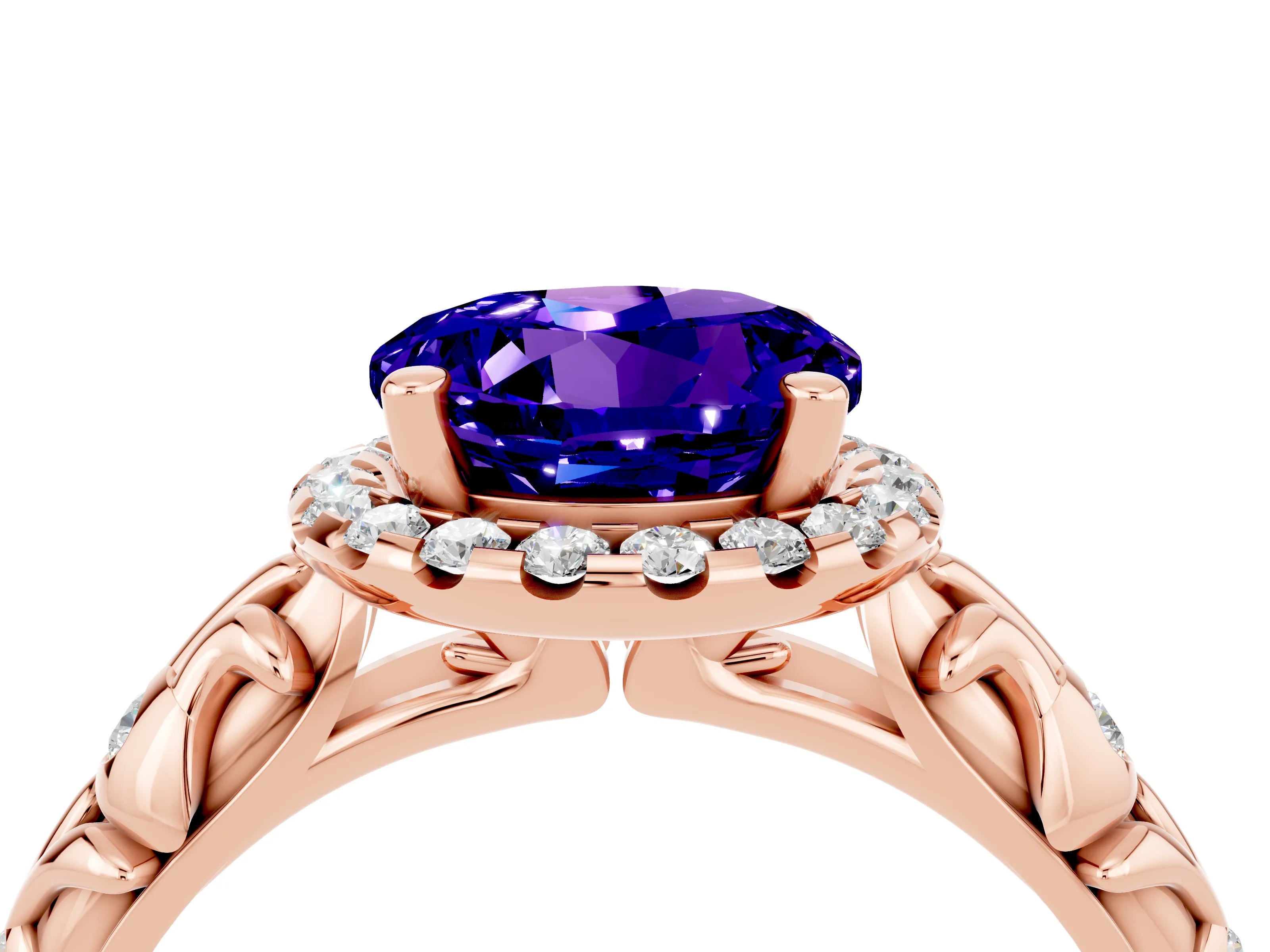 Rose gold Round Cut Halo Diamond Solitaire with Filigree Band and Four-Prong Setting_4