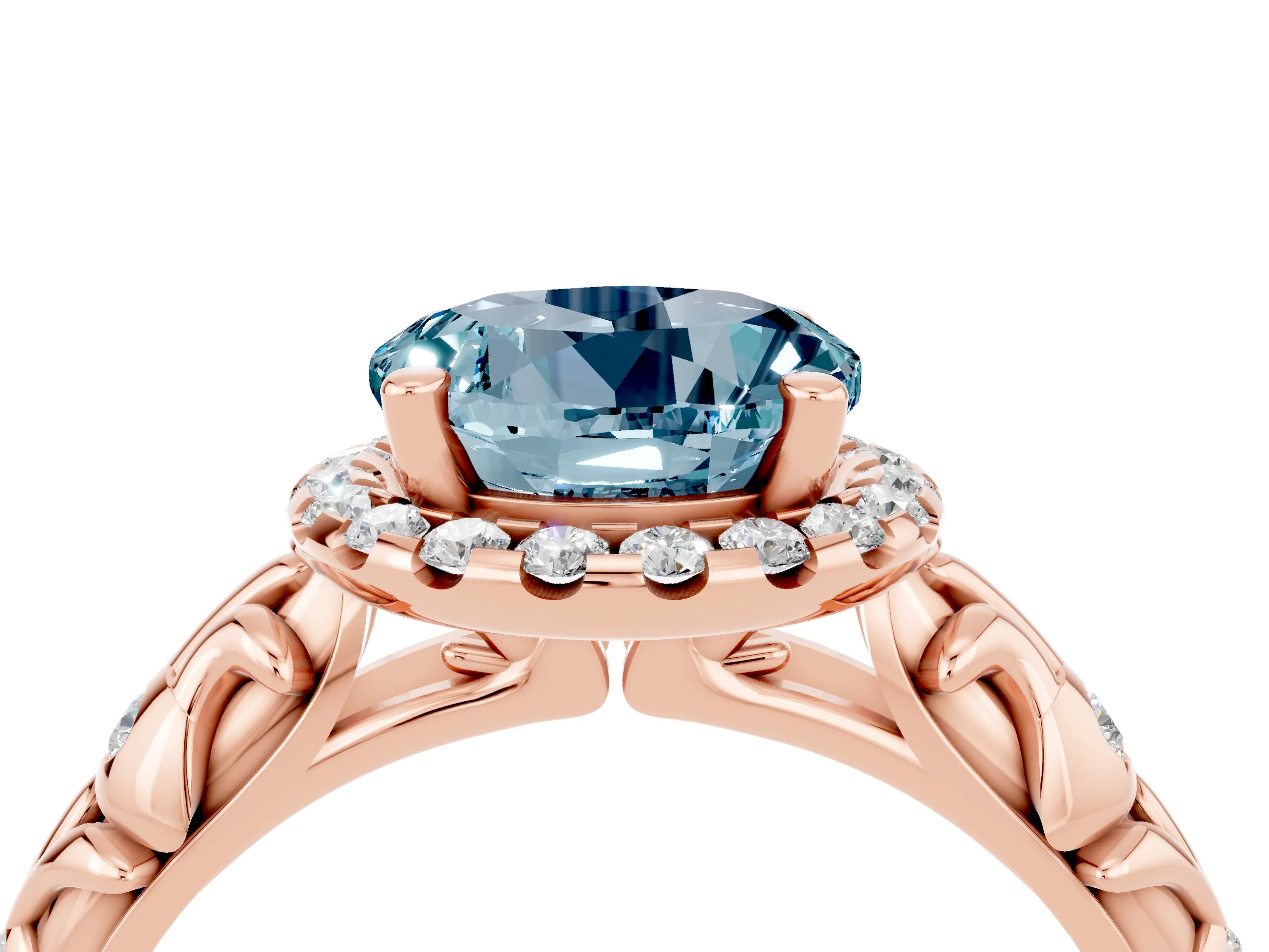 Rose gold Round Cut Halo Diamond Solitaire with Filigree Band and Four-Prong Setting_4