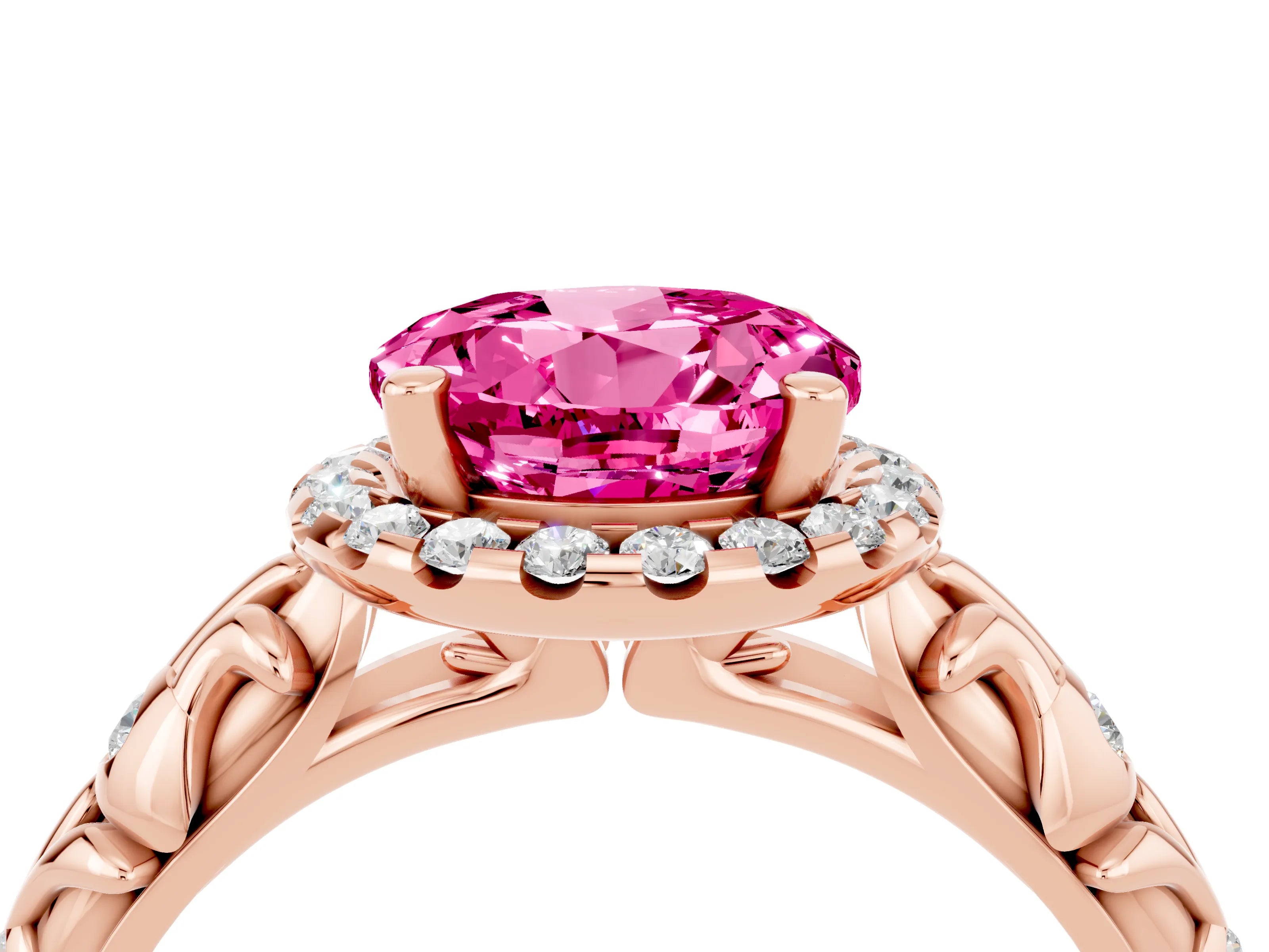 Rose gold Round Cut Halo Diamond Solitaire with Filigree Band and Four-Prong Setting_4