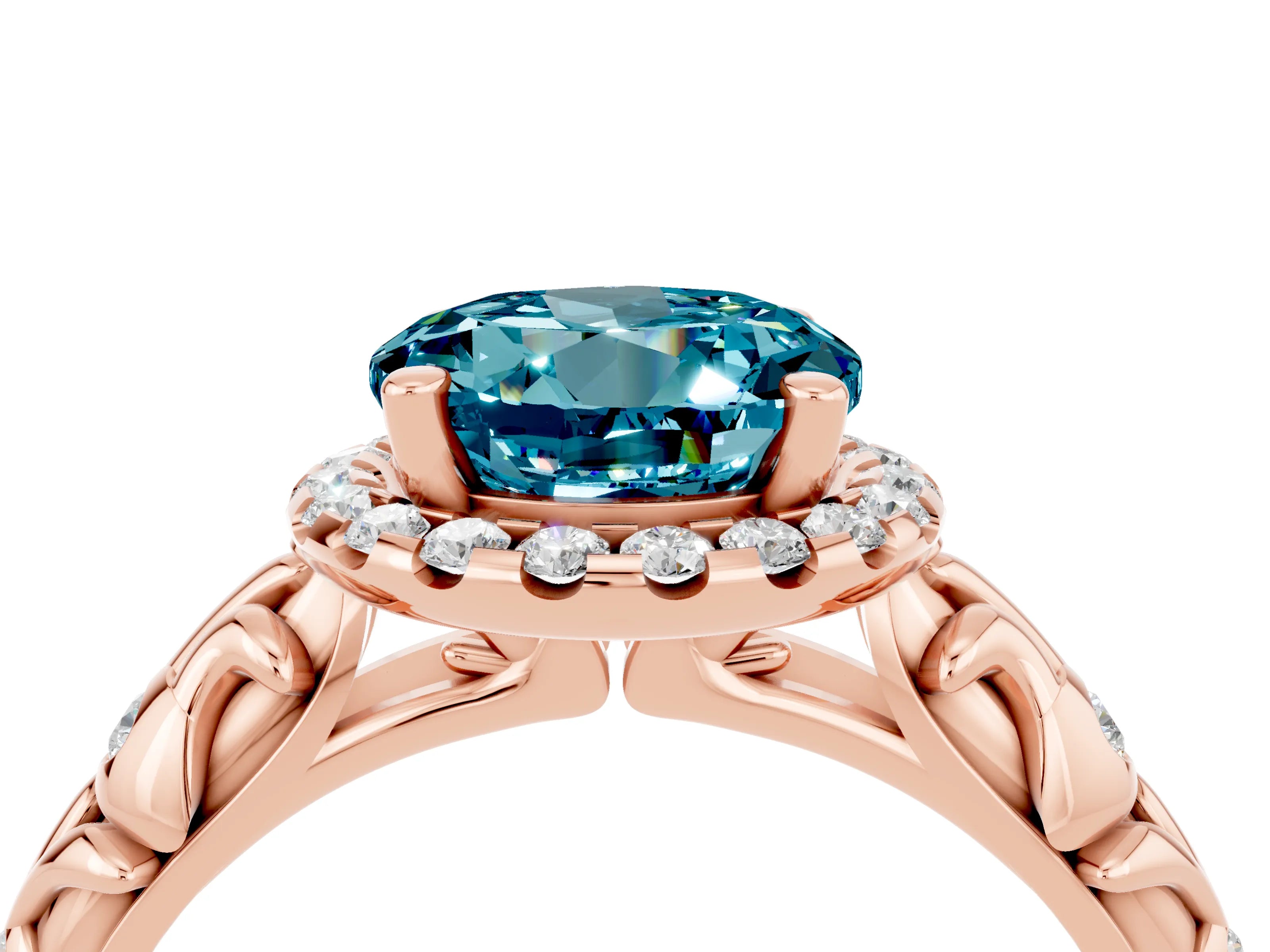 Rose gold Round Cut Halo Diamond Solitaire with Filigree Band and Four-Prong Setting_4