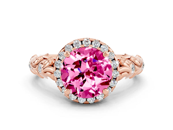 Rose gold Round Cut Pink Sapphire Halo Ring with Filigree Band and Prong Setting