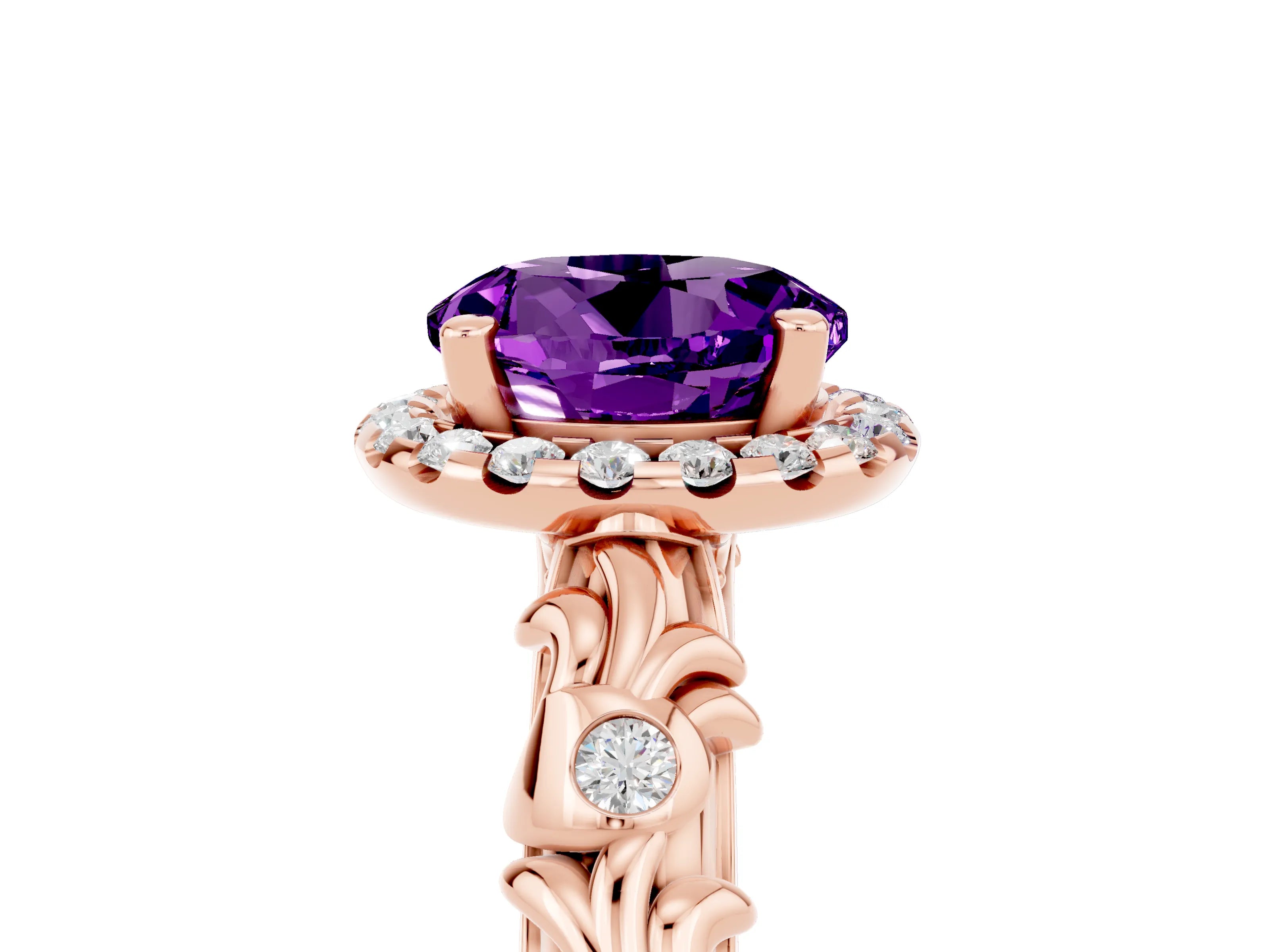 Rose gold Round Cut Halo Diamond Solitaire with Filigree Band and Four-Prong Setting_5