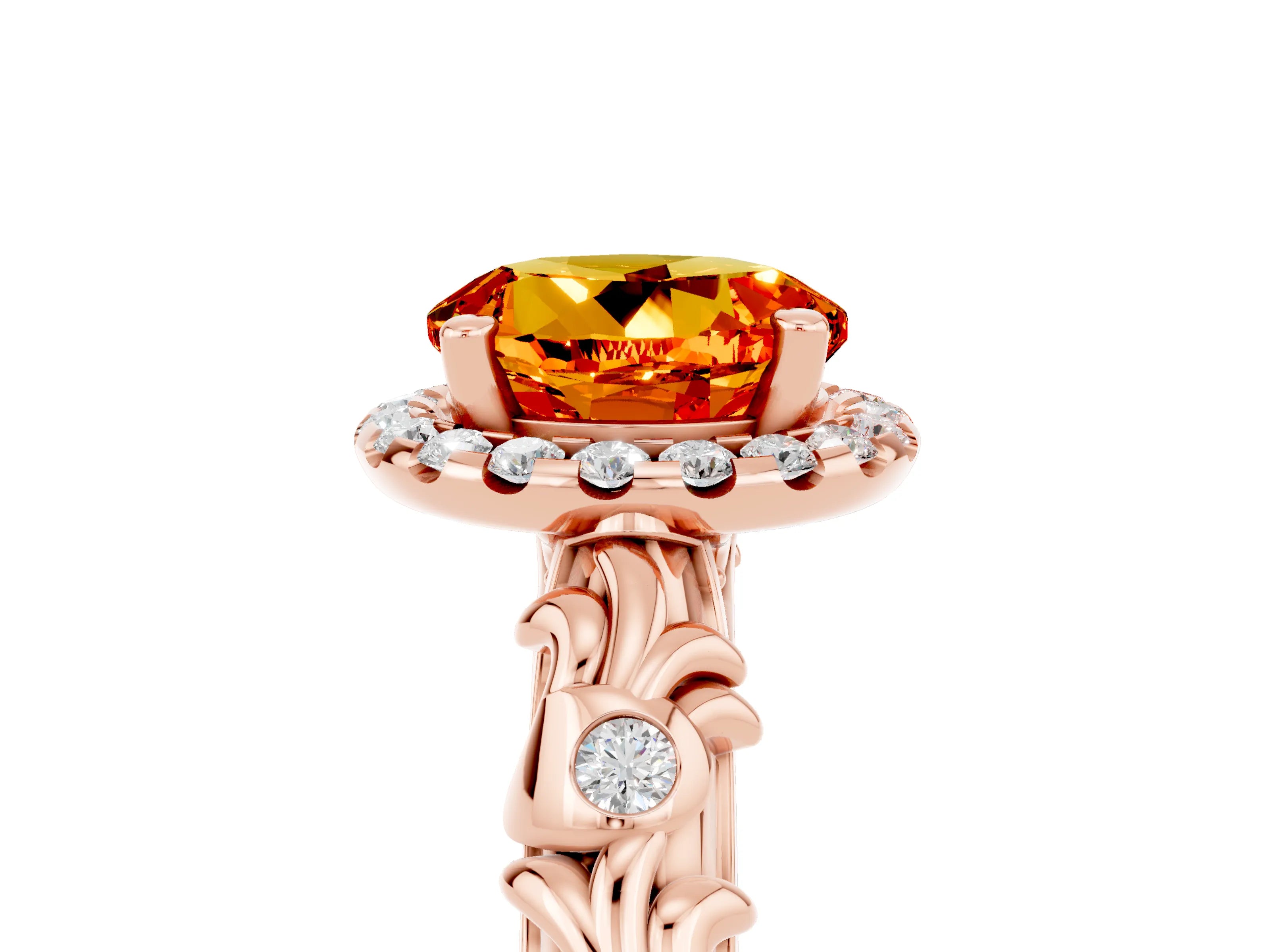 Rose gold Round Cut Halo Diamond Solitaire with Filigree Band and Four-Prong Setting_5