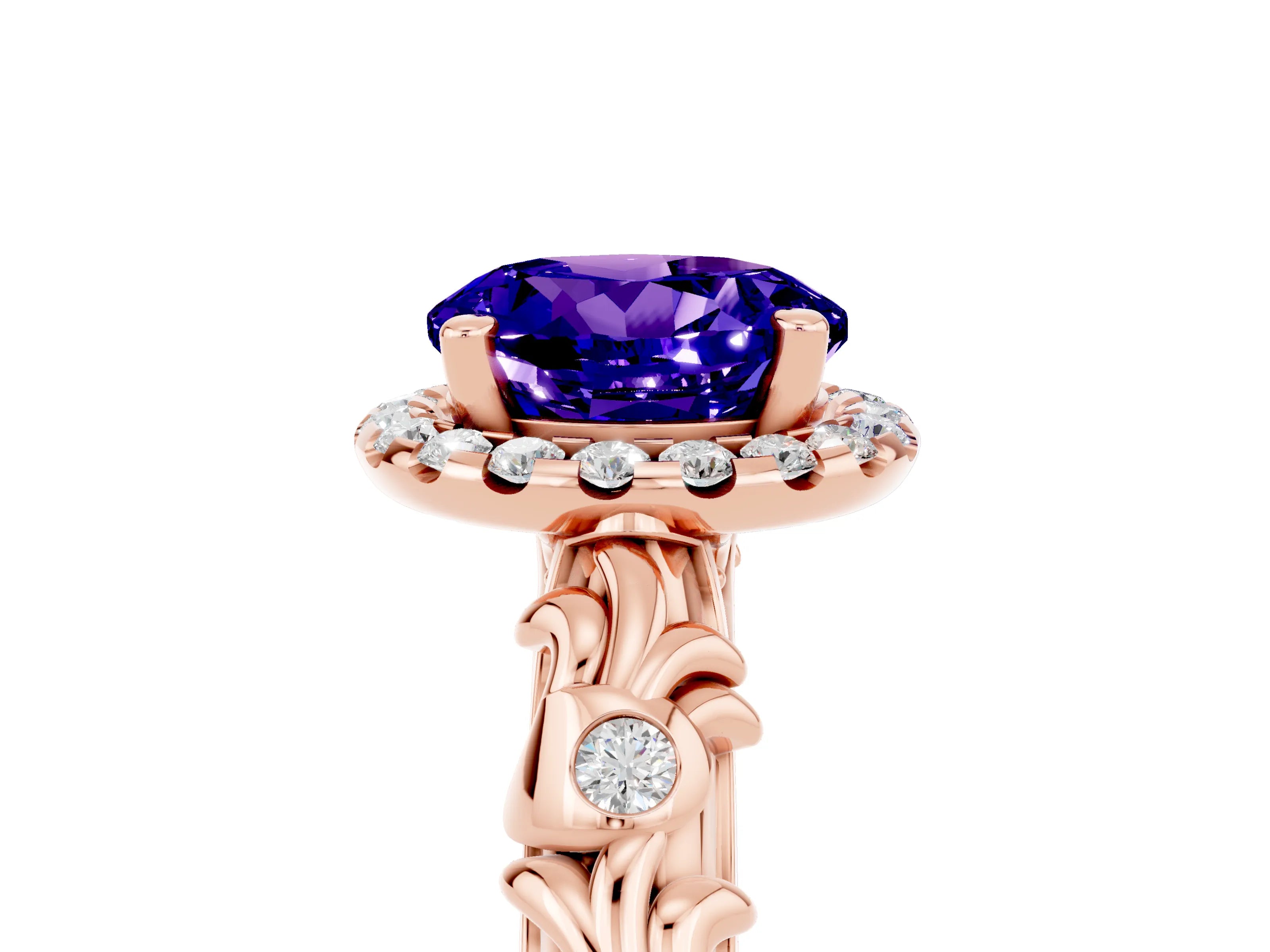 Rose gold Round Cut Halo Diamond Solitaire with Filigree Band and Four-Prong Setting_5