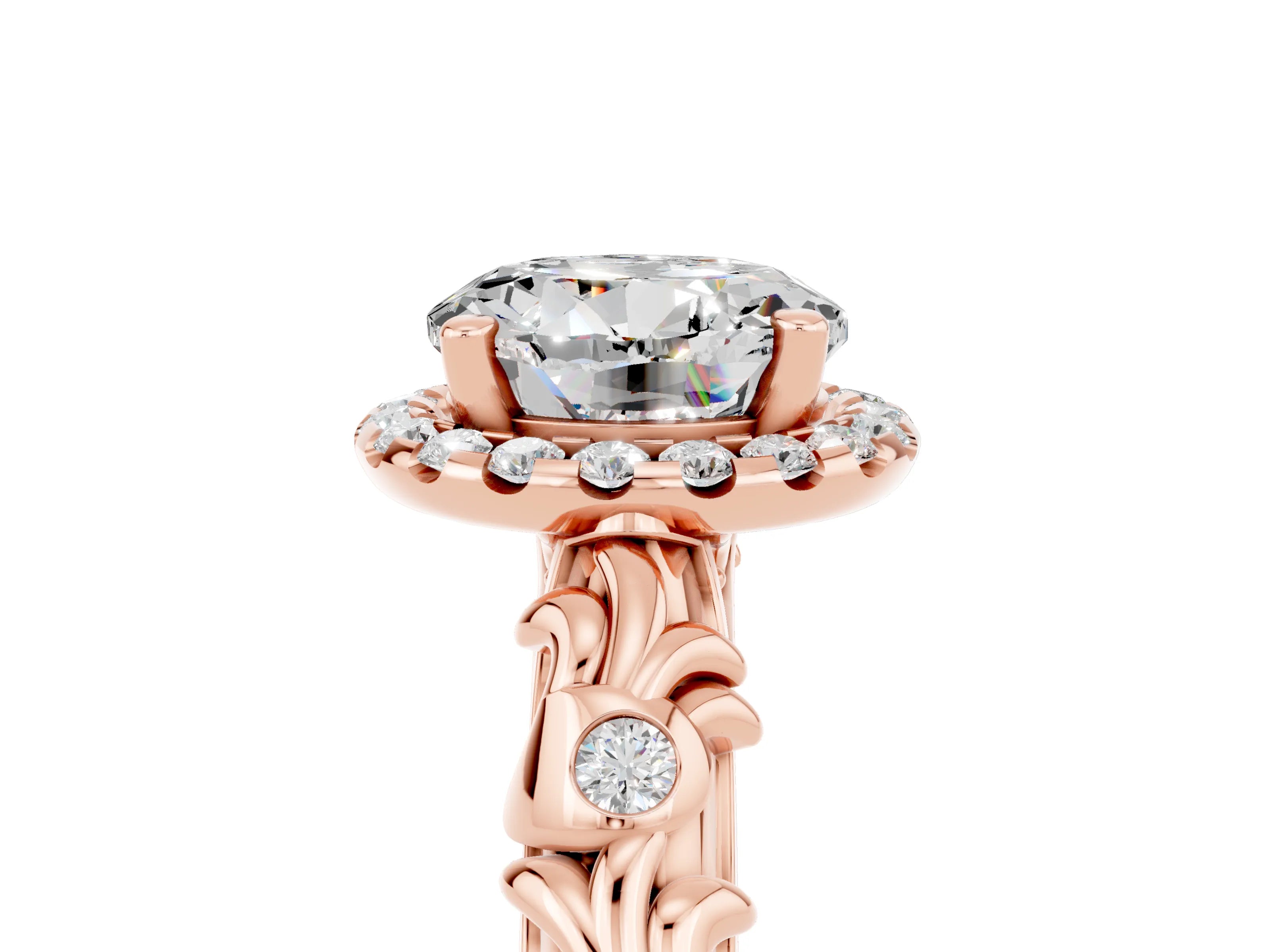 Rose gold Round Cut Halo Diamond Solitaire with Filigree Band and Four-Prong Setting_5