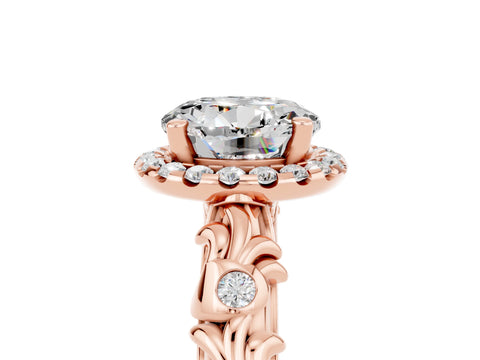 Rose gold Round Cut Halo Diamond Solitaire with Filigree Band and Four-Prong Setting_5